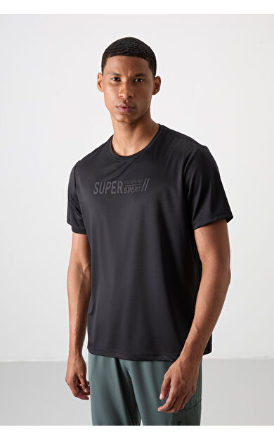 TommyLife Siyah Nefes Alan Dokulu İnce Esnek Standart Fit Erkek Performans T-Shirt - 88385