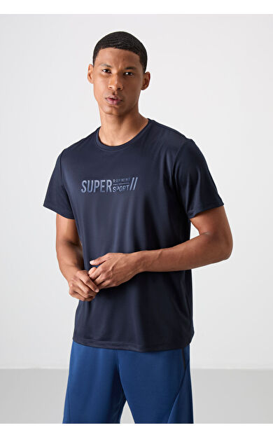 TommyLife Lacivert Nefes Alan Dokulu İnce Esnek Standart Fit Erkek Performans T-Shirt - 88385