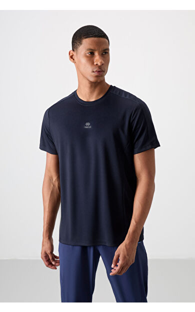 TommyLife Lacivert Nefes Alan Dokulu İnce Esnek Standart Fit Erkek Performans T-Shirt - 88390