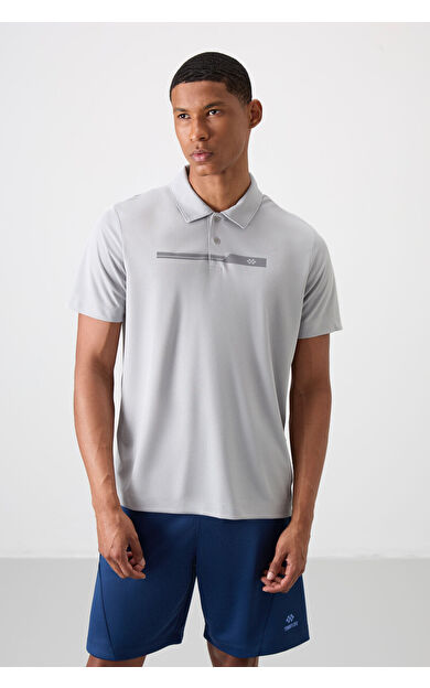 TommyLife Gri Nefes Alan Dokulu İnce Esnek Standart Fit Polo Yaka Erkek Performans T-Shirt - 88393
