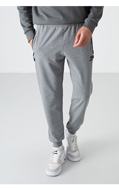 TommyLife Gri Melanj Fermuar Cepli Standart Kalıp Jogger Erkek Eşofman Alt - 84587