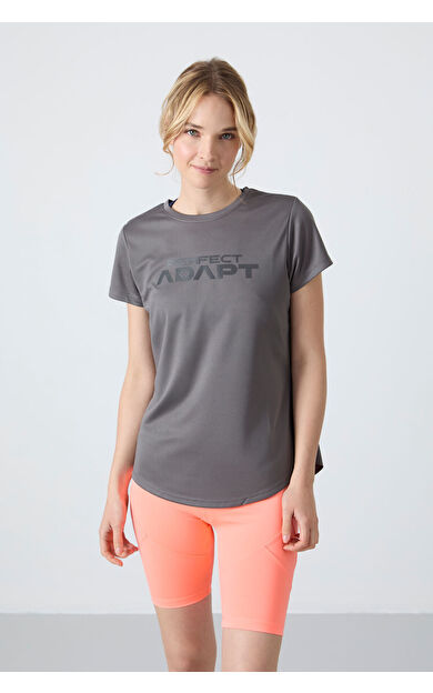 TommyLife Koyu Gri Nefes Alan Dokulu İnce Esnek Standart Fit Performans Kadın T-Shirt - 97283