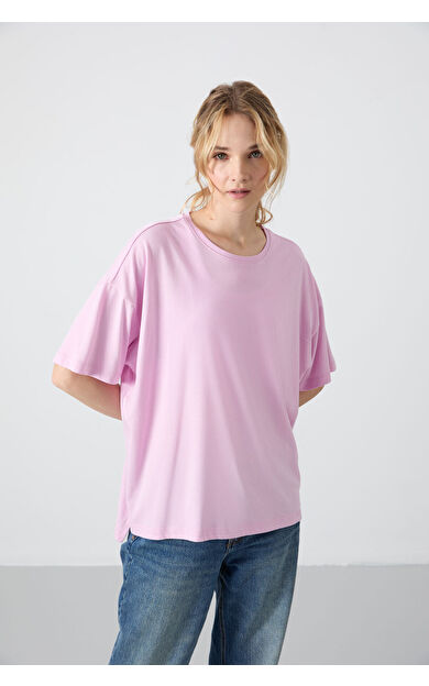 TommyLife Pembe Penye Modal Yumuşak Tuşeli Oversize Fit Basic Kadın T-Shirt- 97285