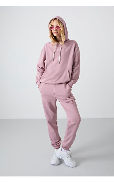 TommyLife Gül Kurusu Kapüşonlu Kanguru Cep Oversize Lastik Paça Kadın Eşofman Takımı - 95288