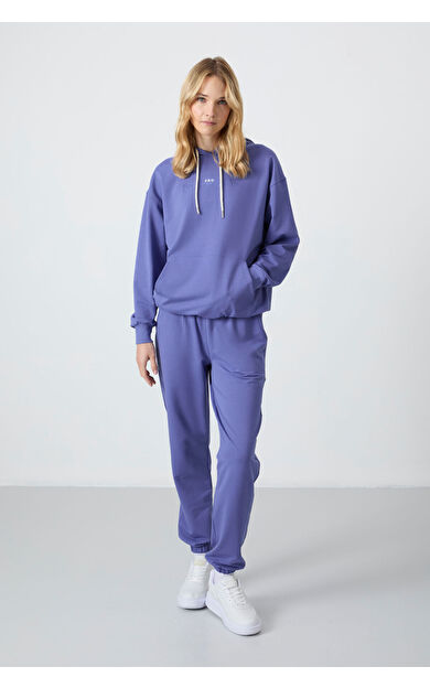 TommyLife Eflatun Kapüşonlu Kanguru Cep Oversize Lastik Paça Kadın Eşofman Takımı - 95288