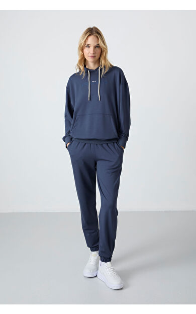 TommyLife Petrol Kapüşonlu Kanguru Cep Oversize Lastik Paça Kadın Eşofman Takımı - 95288