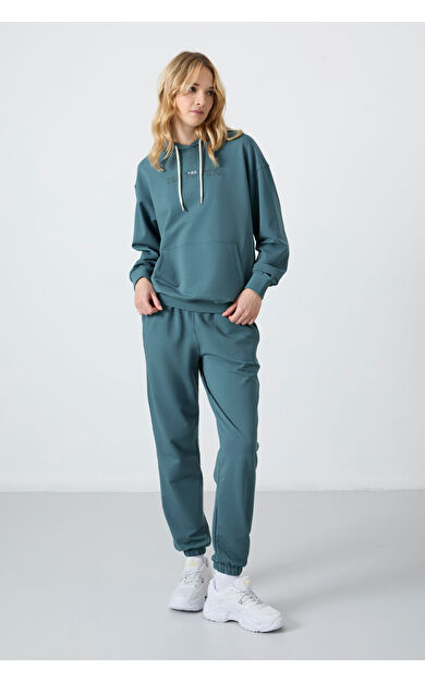 TommyLife Orman Yeşili Kapüşonlu Kanguru Cep Oversize Lastik Paça Kadın Eşofman Takımı - 95288