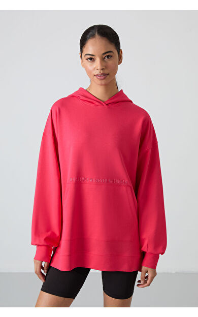 TommyLife Viva Kırmızı Balon Kol Yazı Nakışlı Kadın Oversize Tunik Sweatshirt - 97163
