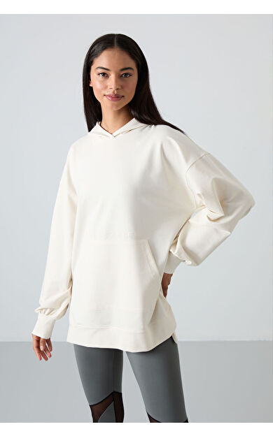 TommyLife Ekru Balon Kol Yazı Nakışlı Kadın Oversize Tunik Sweatshirt - 97163