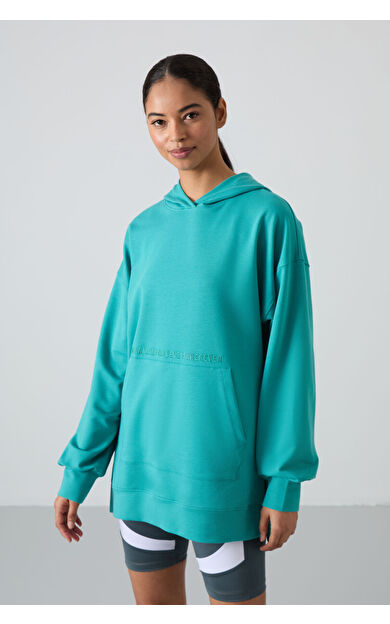 TommyLife Deniz Yeşili Balon Kol Yazı Nakışlı Kadın Oversize Tunik Sweatshirt - 97163