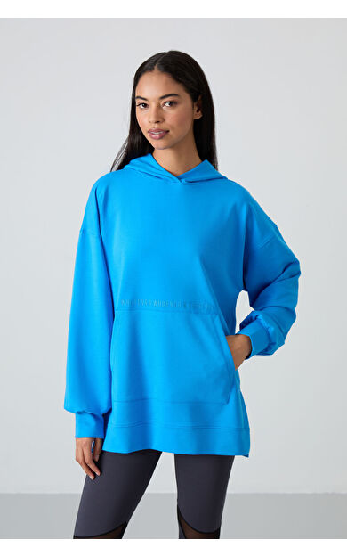 TommyLife Mavi Balon Kol Yazı Nakışlı Kadın Oversize Tunik Sweatshirt - 97163