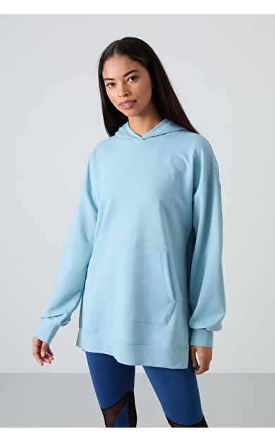 TommyLife Açık Mavi Balon Kol Yazı Nakışlı Kadın Oversize Tunik Sweatshirt - 97163