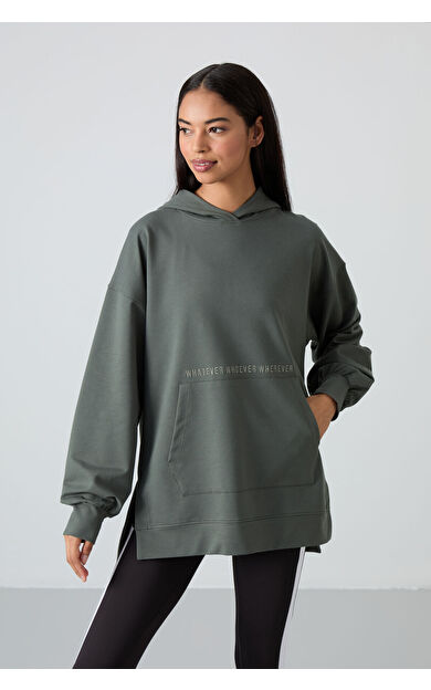 TommyLife Çağla Balon Kol Yazı Nakışlı Kadın Oversize Tunik Sweatshirt - 97163