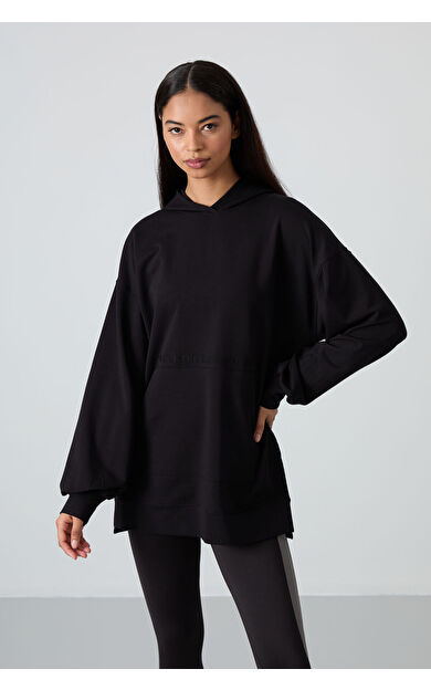 TommyLife Siyah Balon Kol Yazı Nakışlı Kadın Oversize Tunik Sweatshirt - 97163