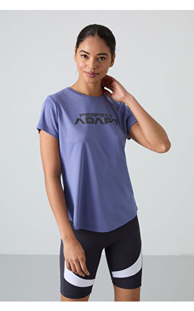 TommyLife Eflatun Nefes Alan Dokulu İnce Esnek Standart Fit Performans Kadın T-Shirt - 97283