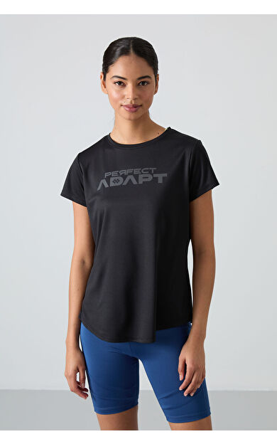 TommyLife Siyah Nefes Alan Dokulu İnce Esnek Standart Fit Performans Kadın T-Shirt - 97283