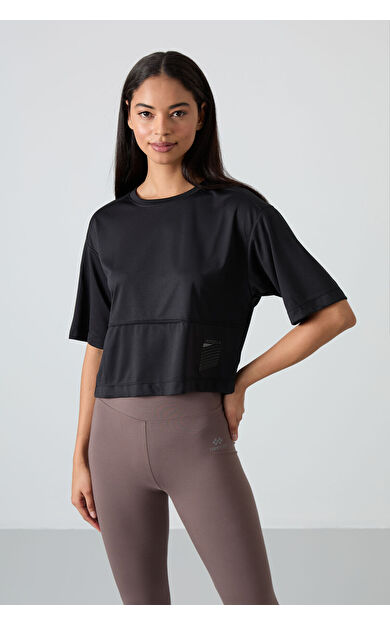 TommyLife Siyah Nefes Alan Dokulu İnce Esnek Oversize Fit Performans Kadın T-Shirt - 97284