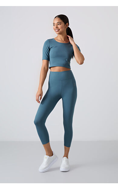 TommyLife Orman Yeşili Yüksek Bel Kapri-Crop T-Shirt Slim Fit Kadın Tayt Takım - 95285