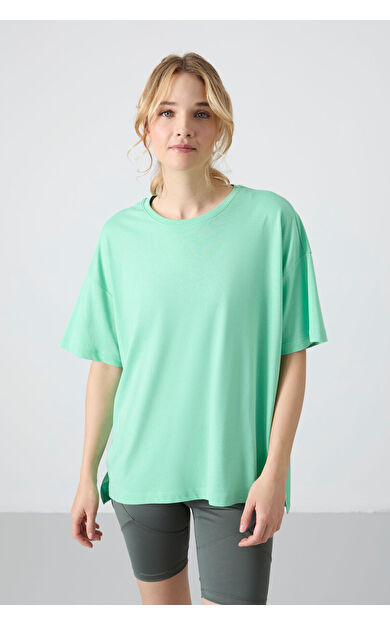 TommyLife Su Yeşili Penye Modal Yumuşak Tuşeli Oversize Fit Basic Kadın T-Shirt- 97285