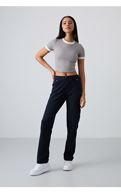 TommyLife Lacivert Taş Detaylı Cepli Rahat Form Klasik Paça Kadın Eşofman Altı - 94007