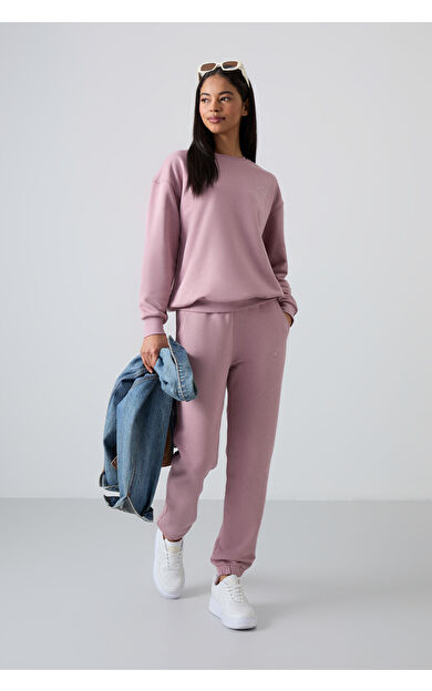TommyLife Gül Kurusu Basic Pamuklu O Yaka Oversize Lastik Paça Kadın Eşofman Takım - 95287