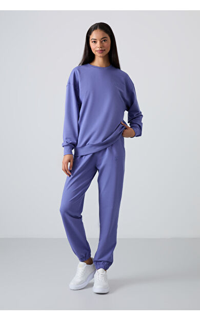 TommyLife Eflatun Basic Pamuklu O Yaka Oversize Lastik Paça Kadın Eşofman Takım - 95287