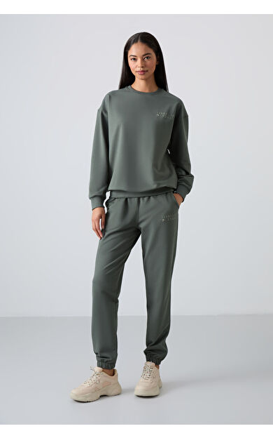 TommyLife Çağla Basic Pamuklu O Yaka Oversize Lastik Paça Kadın Eşofman Takım - 95287