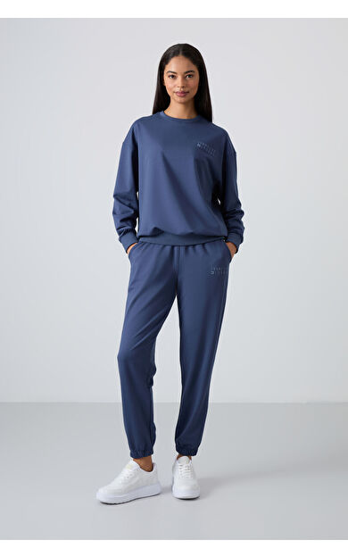 TommyLife Petrol Basic Pamuklu O Yaka Oversize Lastik Paça Kadın Eşofman Takım - 95287