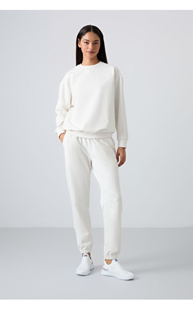 TommyLife Ekru Basic Pamuklu O Yaka Oversize Lastik Paça Kadın Eşofman Takım - 95287