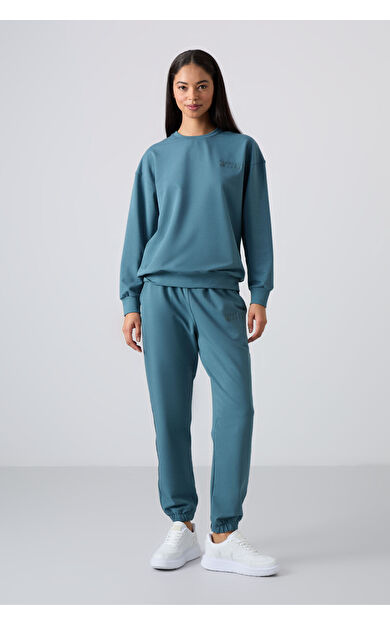 TommyLife Orman Yeşili Basic Pamuklu O Yaka Oversize Lastik Paça Kadın Eşofman Takım - 95287