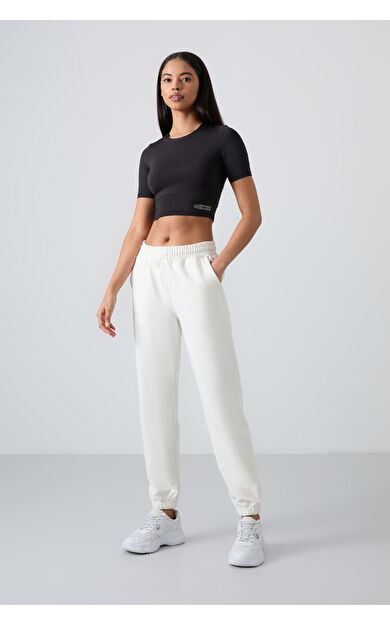 TommyLife Ekru Cepli Yüksek Bel Rahat Form Lastik Paça Kadın Eşofman Alt - 94583