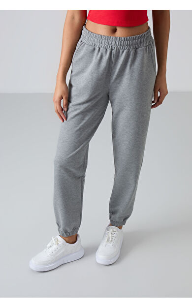 TommyLife Gri Melanj Cepli Yüksek Bel Rahat Form Lastik Paça Kadın Eşofman Alt - 94583
