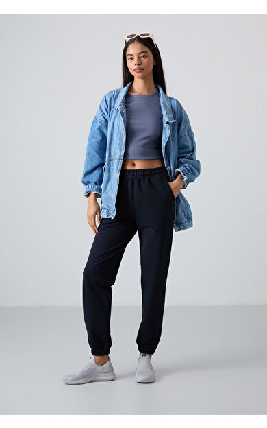 TommyLife Lacivert Cepli Yüksek Bel Rahat Form Lastik Paça Kadın Eşofman Alt - 94583