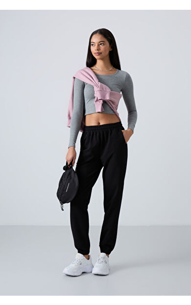 TommyLife Siyah Cepli Yüksek Bel Rahat Form Lastik Paça Kadın Eşofman Alt - 94583