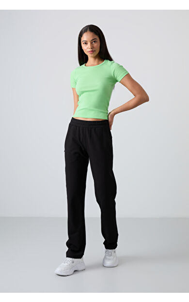 TommyLife Siyah Gizli Fermuar Cepli Rahat Form Klasik Paça Kadın Eşofman Alt - 94148