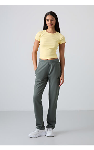 TommyLife Haki Gizli Fermuar Cepli Rahat Form Klasik Paça Kadın Eşofman Alt - 94148