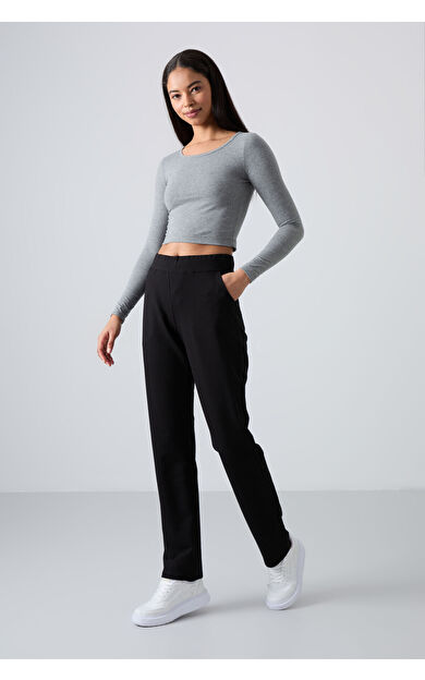 TommyLife Siyah Yüksek Bel Cepli Rahat Form Klasik Paça Kadın Eşofman Alt - 94185