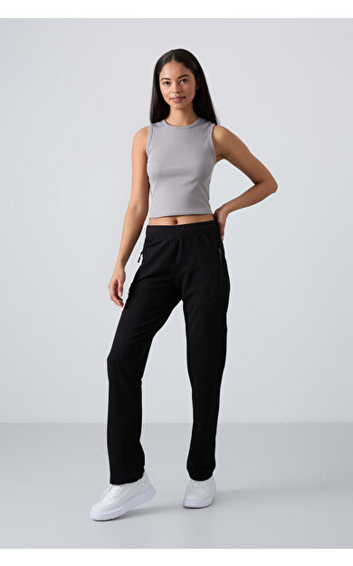 TommyLife Siyah Fermuar Cepli Rahat Form Klasik Paça Kadın Eşofman Alt - 94195