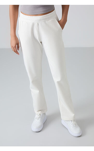 TommyLife Ekru Yüksek Bel Cepli Rahat Form Klasik Paça Kadın Eşofman Alt - 94584