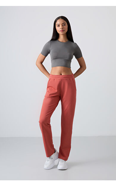 TommyLife Kiremit Yüksek Bel Cepli Rahat Form Klasik Paça Kadın Eşofman Alt - 94584
