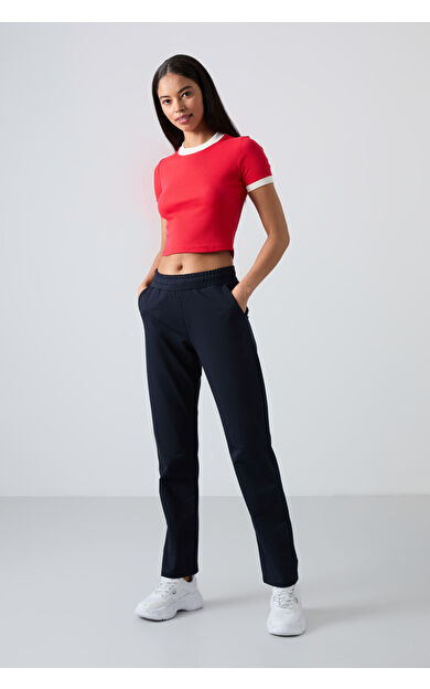 TommyLife Lacivert Yüksek Bel Cepli Rahat Form Klasik Paça Kadın Eşofman Alt - 94584