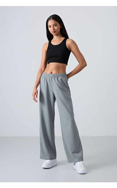 TommyLife Gri Melanj Yüksek Bel Cepli Rahat Form Geniş Paça Kadın Eşofman Alt - 94567
