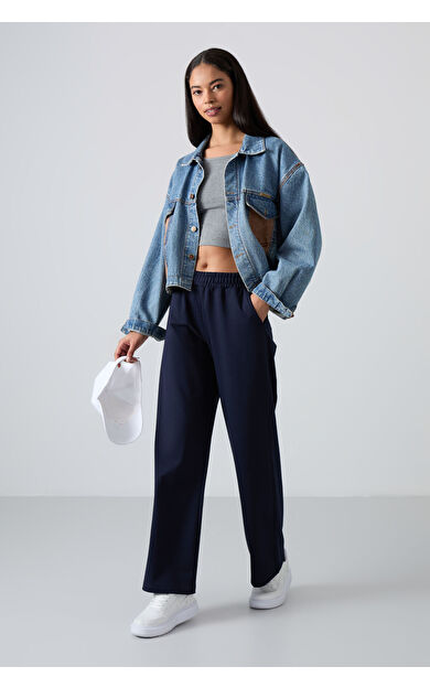 TommyLife İndigo Yüksek Bel Cepli Rahat Form Geniş Paça Kadın Eşofman Alt - 94567