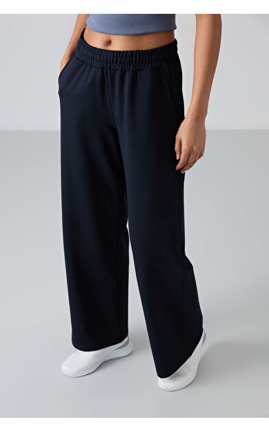 TommyLife Lacivert Yüksek Bel Cepli Rahat Form Geniş Paça Kadın Eşofman Alt - 94567