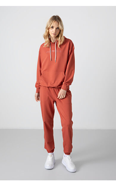 TommyLife Tarçın Kapüşonlu Kanguru Cep Oversize Lastik Paça Kadın Eşofman Takımı - 95288