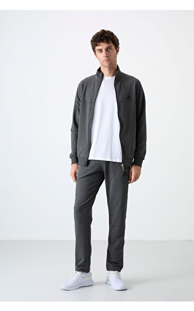 TommyLife Antrasit Melanj Dik Yaka Fermuarlı Rahat Form Klasik Paça Erkek Eşofman Takımı - 85072