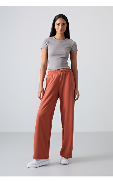 TommyLife Kiremit Yüksek Bel Cepli Rahat Form Geniş Paça Kadın Eşofman Alt - 94567