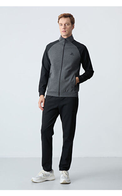 TommyLife Antrasit - Siyah  Dik Yaka Çift Renk Rahat Form Klasik Paça Erkek Eşofman Takımı - 85113