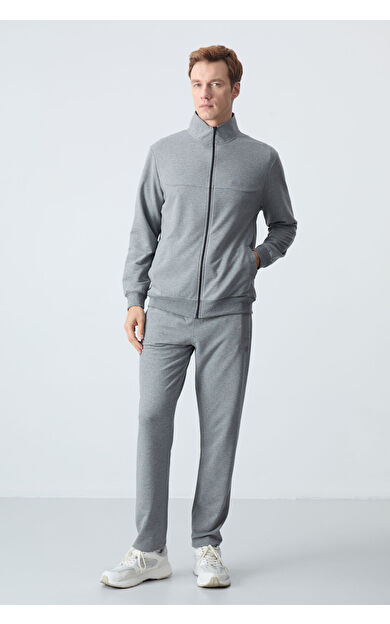 TommyLife Gri Melanj Pamuklu Kalın Yumuşak Dokulu Comfort Fit Basic Erkek Eşofman Takım - 85260