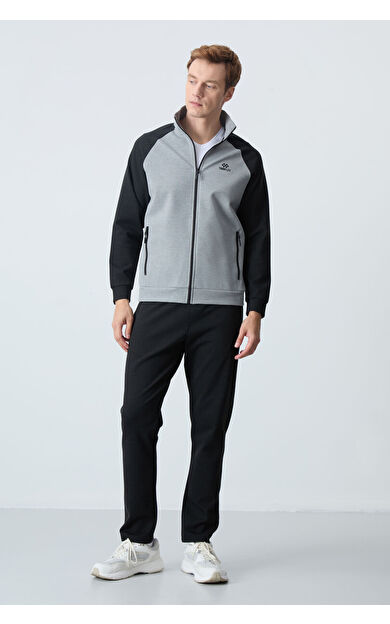 TommyLife Gri Melanj - Siyah  Dik Yaka Çift Renk Rahat Form Klasik Paça Erkek Eşofman Takımı - 85113